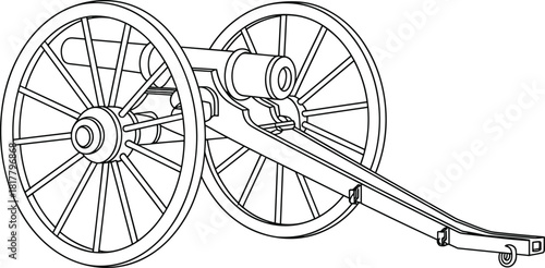Antique cannon with large wooden wheels, vintage artillery piece, historical war weapon, old battlefield cannon, military artillery equipment, line art drawing vector