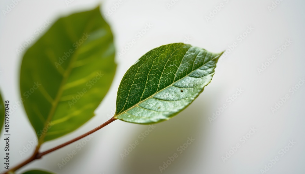 Fototapeta premium A close up of two fresh green leaves resting on a surface. The leaves show signs of life with small droplets clinging to their edges, possibly due to recent rainfall or humidity