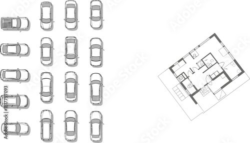 Architectural Floor Plan with Assorted Top-View Cars: Modern House Layout, Residential Design Elements, and Vehicles for Site Planning, Urban Development