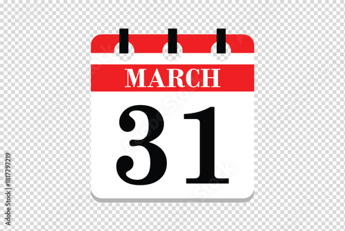 31 March Calendar icon vector, 31 dates of March month calendar icon, dates of March 31 icon calendar, vector calendar icon.
