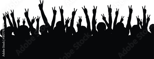 Large crowd silhouette enthusiastically raising peace or victory signs, symbolizing unity, freedom, celebration, success, music festival, or political protest.