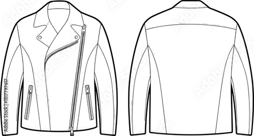 Asymmetrical biker jacket cad drawing flat vector illustration, zippered leather outerwear fashion technical sketch front and back clothing template