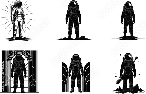 Astronaut silhouette illustration, space explorer in spacesuit, cosmic adventure art, futuristic design, galaxy, moon, planet, stars