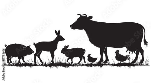 Farm animal silhouettes including cow, pig, goat, rabbit, hen, and rooster Vector