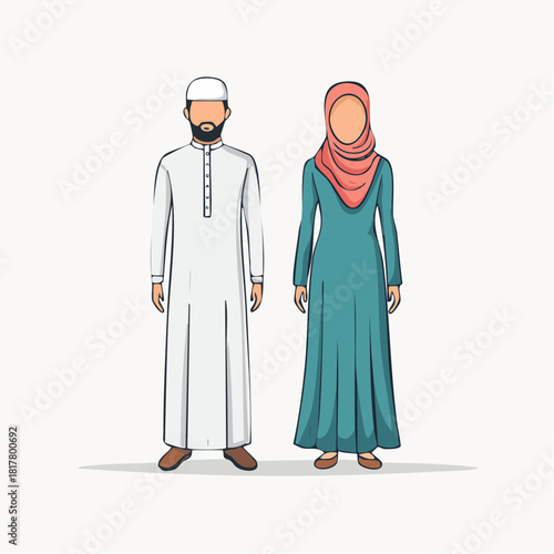 Elegant vector illustration of Muslim couple in traditional attire, abaya and dishdasha