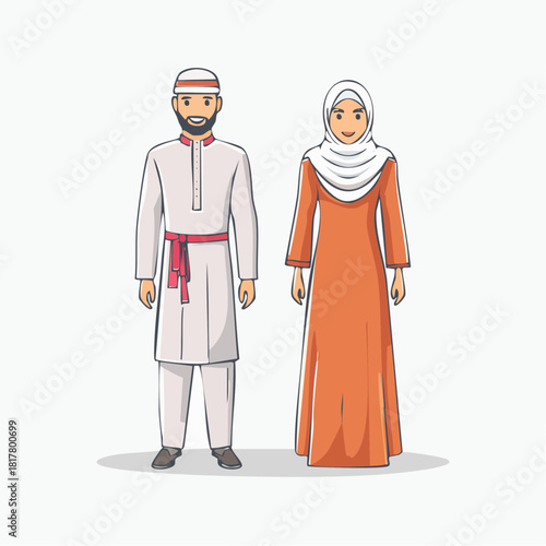 Muslim Couple in Traditional Attire Vector Illustration of Modest Clothing Set