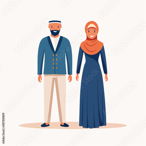 Minimalist vector illustration depicting a diverse Muslim couple in traditional attire, showcasing cultural diversity and modern modesty in fashion