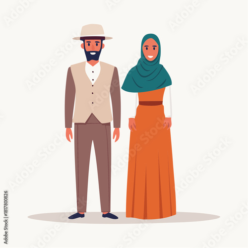 Elegant Muslim Couple in Traditional Attire Vector Illustration
