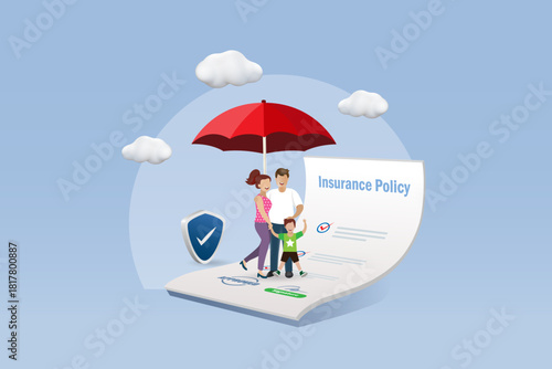 Happy family under protection from red umbrella and insurance protection shield standing on insurance policy. Family life and health insurance. 3D vector.