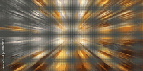 Dynamic abstract background featuring gold, amber, and grey light streaks radiating from the center, rendered in a halftone dot grid. Visualizes luxury data flow, or high-speed technology.
