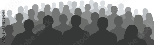 Large audience crowd silhouette in multiple shades of gray, representing diversity, community, social gathering, corporate group, and demographic data.