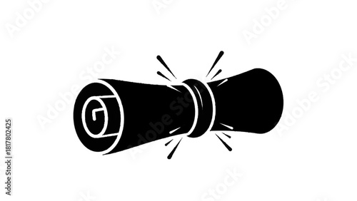 Vector illustration of black silhouette icon of a rolled diploma or certificate scroll tied with a ribbon, isolated on transparent background 