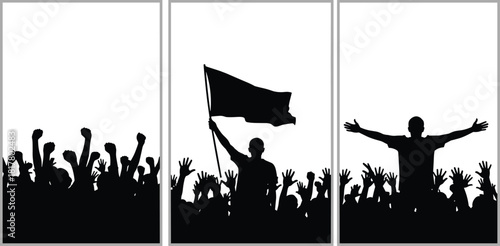 Political rally or protest crowd silhouette triptych showing raised fists, flag bearer, and triumphant leader, isolated vector illustration for change.