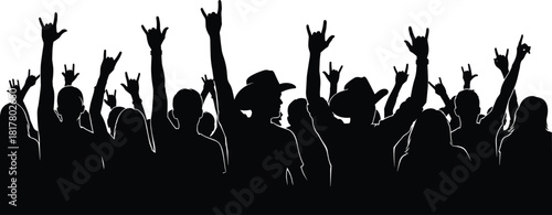Rock music concert crowd silhouette with devil horns hand gesture, cheering, excitement, and energy at festival event, isolated vector illustration.