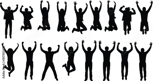 Set of diverse ecstatic people silhouettes jumping high with arms raised, celebrating freedom, victory, success, team spirit, energy, or joy.