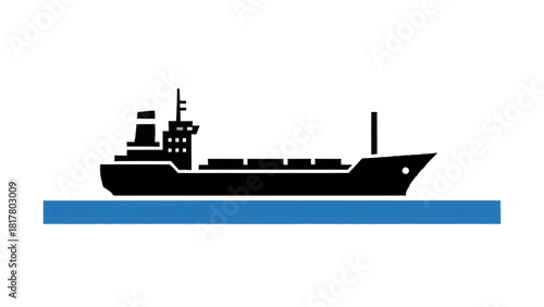 Vector illustration of simple black silhouette icon of a cargo ship or freighter sailing on a blue water line, isolated on transparent background 