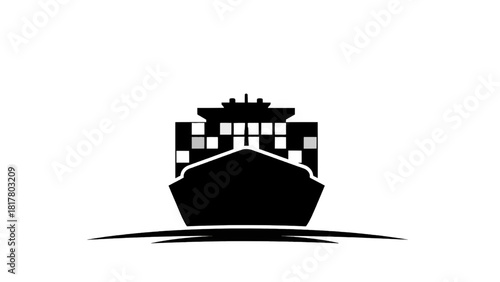 Vector illustration of black silhouette icon of a large cargo container ship viewed from the front, isolated on transparent background 