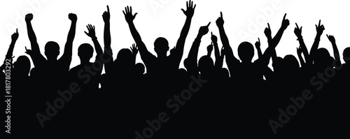 Silhouette of ecstatic crowd cheering loudly with hands raised and pointing fingers, celebrating music concert, success, protest, or party atmosphere.