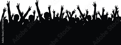 Silhouette of large enthusiastic crowd raising hands with peace or victory signs, celebrating success, protest, festival, unity, or freedom event.