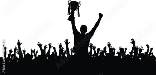 Silhouette of triumphant winner holding up a trophy over cheering crowd, celebrating championship victory, success, sports achievement, or leadership.