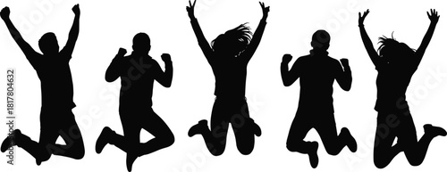 Silhouettes of five young adults jumping high with diverse victory and excited gestures, symbolizing celebration, freedom, success, energy, and achievement.
