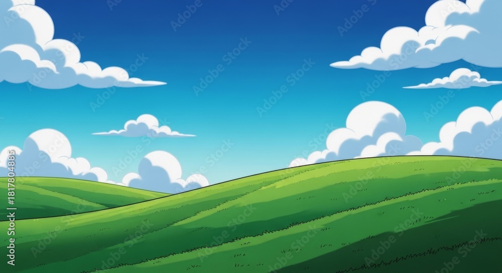 Fototapeta premium Cartoon illustration of rolling green hills under a bright blue sky filled with fluffy white clouds.