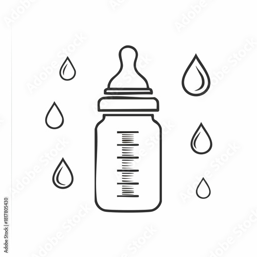 Baby Bottle Illustration with Water Droplets Minimalist Design.