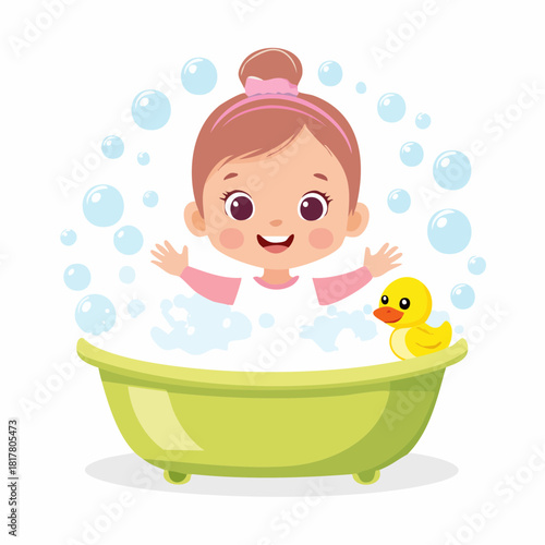 Adorable Baby Girl Enjoying a Bubble Bath with Rubber Duck.