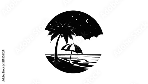 Vector illustration of black and white circular logo design featuring a palm tree and beach umbrella on a shore at night on a transparent background