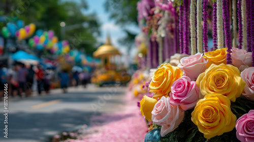 Colorful rose floral display along festive street during the lively Chiang Rai Flower Festival parade
