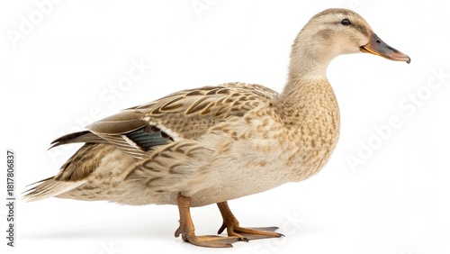 Mallard duck, a wild brown bird with a green head, isolated on a white background