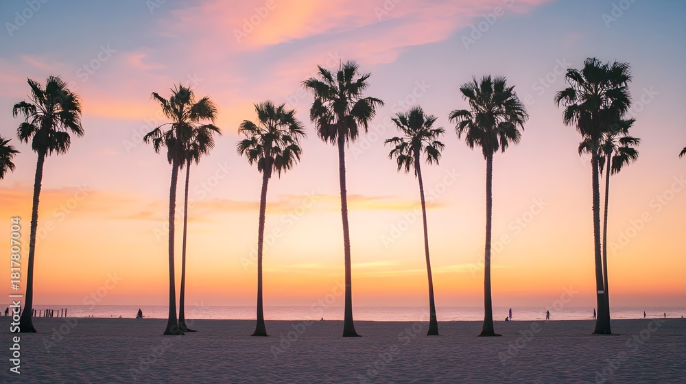 Obraz premium Palm trees silhouetted against a vibrant sunset sky over a serene beach