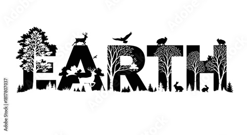 Artistic representation of earth with wildlife, nature, and forest elements in letterforms