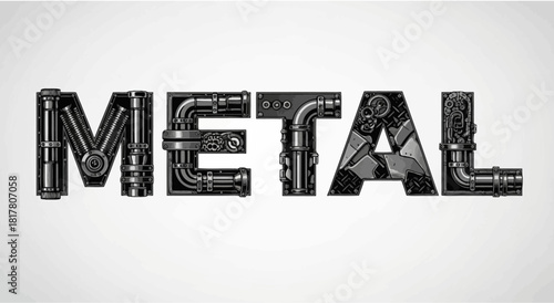Industrial metal typography, crafted from pipes and gears, on a clean background providing visual