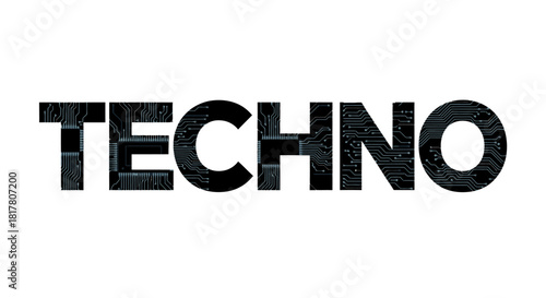 Digital Domination: The Word Techno Encased in Circuit Board Design Elegance