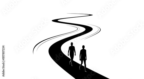 Winding path with silhouettes representing journey of companionship and guidance towards future