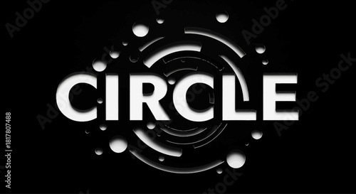 Elegant circle word design with white spheres and circular lines on dark backdrop