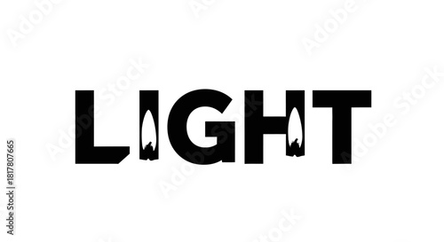 Illuminated conceptual artwork showcasing the word light with candle flame insertions graphic design