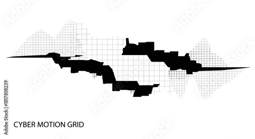 Dynamic black shapes with geometric patterns on a white background creating a futuristic visual