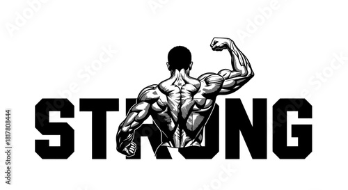 Muscular athlete back flexing arm representing the concept of strength and determination