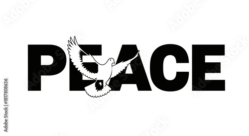 Elegant dove symbolizing peace incorporated within the word using harmonious black and white