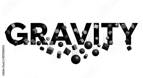 Gravity depiction with three dimensional geometric shapes showing the attraction force concept