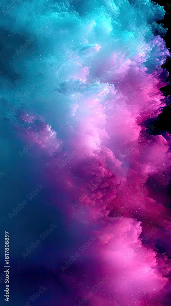 Fototapeta premium A vibrant, abstract depiction of swirling cosmic clouds or nebulae, transitioning from deep blues and cyans on the left to bright magentas and purples on the ri