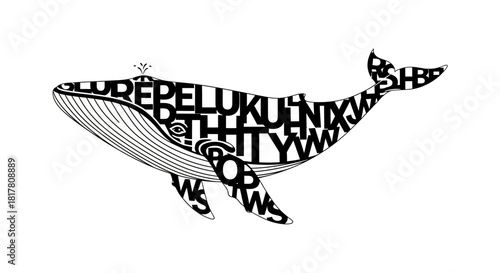 Abstract whale typographic illustration with unique letter arrangements and detailed linework