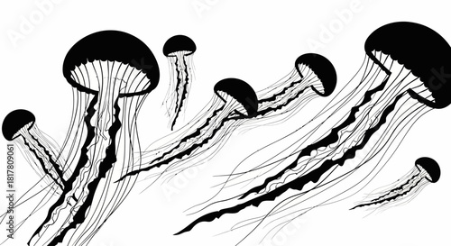 Graphic illustration of multiple jellyfish in a stylized black and white design art