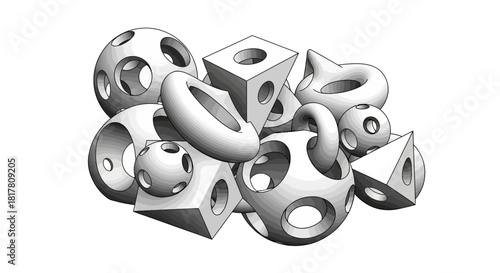 Intricate collection of 3D geometric shapes with circular perforations rendered in grayscale