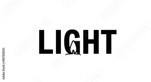 Conceptual typographic illustration showcasing the word light with a flame symbol illumination