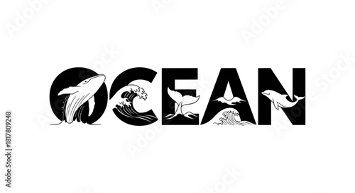 Oceanic typography with marine life: a stylized wordmark with aquatic elements inside letters