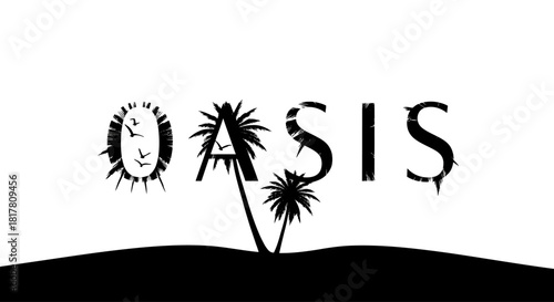 Minimalist oasis illustration with stylized font and distressed textures highlighting nature