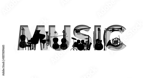 Musical instruments create the word music artistic and detailed composition showing multiple